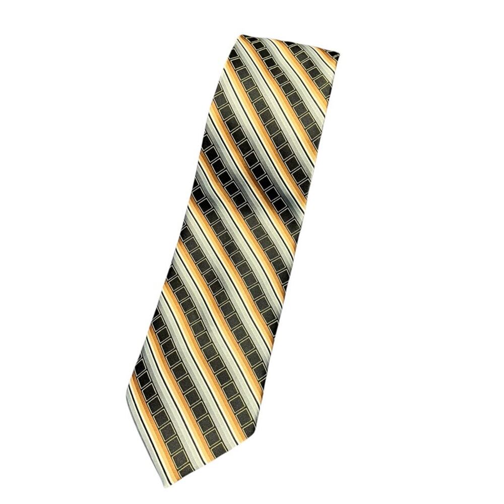 Renzo Hand Made Pure silk‎ Men's Necktie Striped Black Orange Career